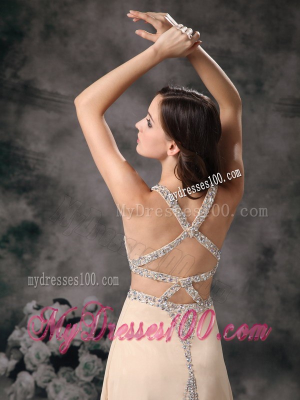 Champagne Column Straps Brush Train Evening Dress with Beading