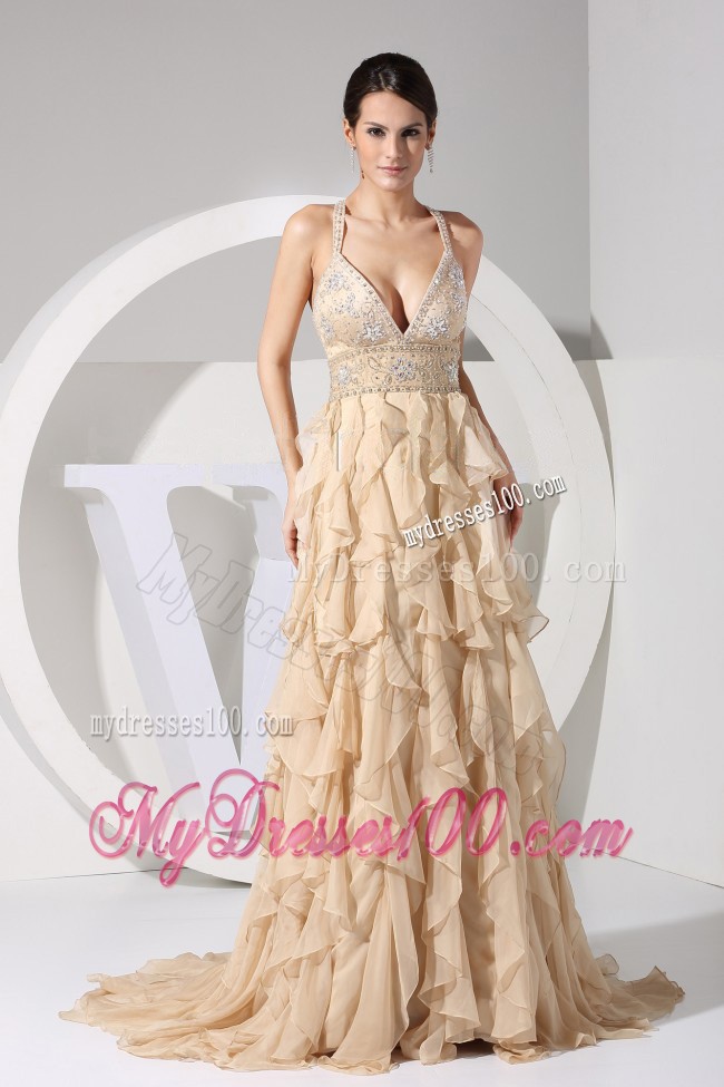 Embroidery and Ruffles Decorate Bodice Brush Train Champagne Straps 2013 Prom Dress