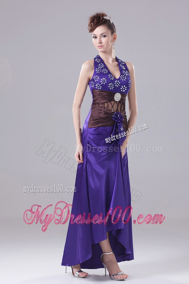 Exquisite Purple Prom Dress With Beading Halter and High-low