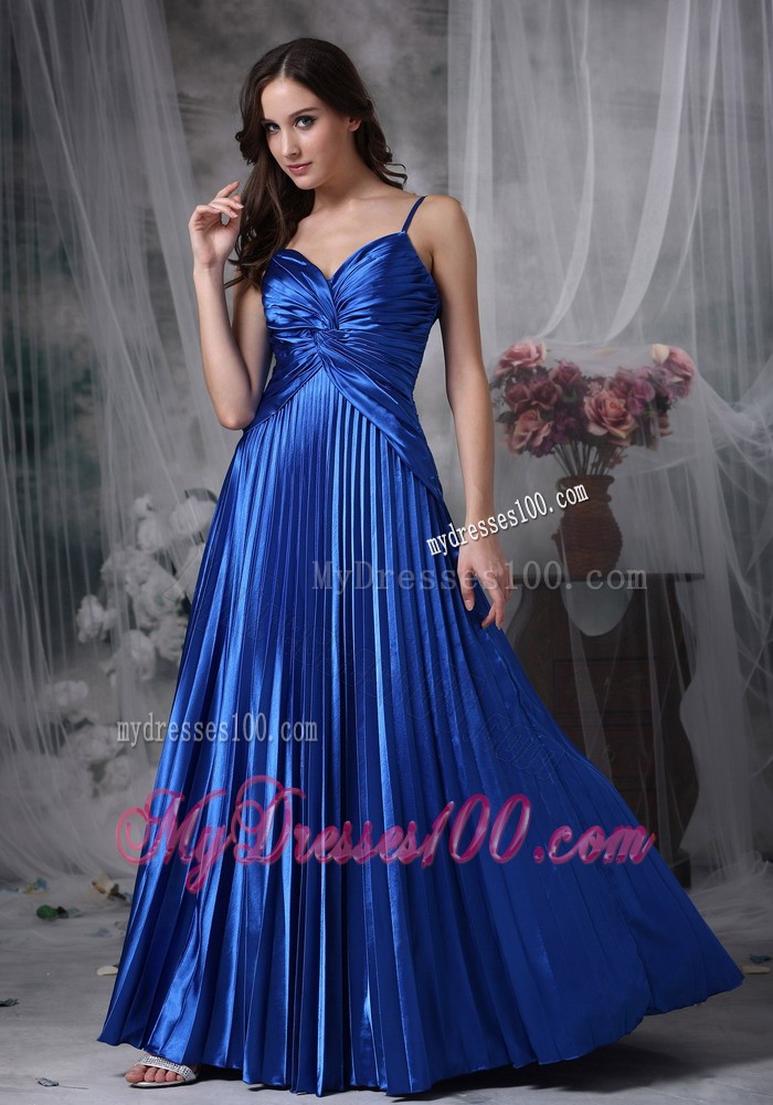 Custom Made Royal Blue Straps Floor-length Evening Dress with Ruche