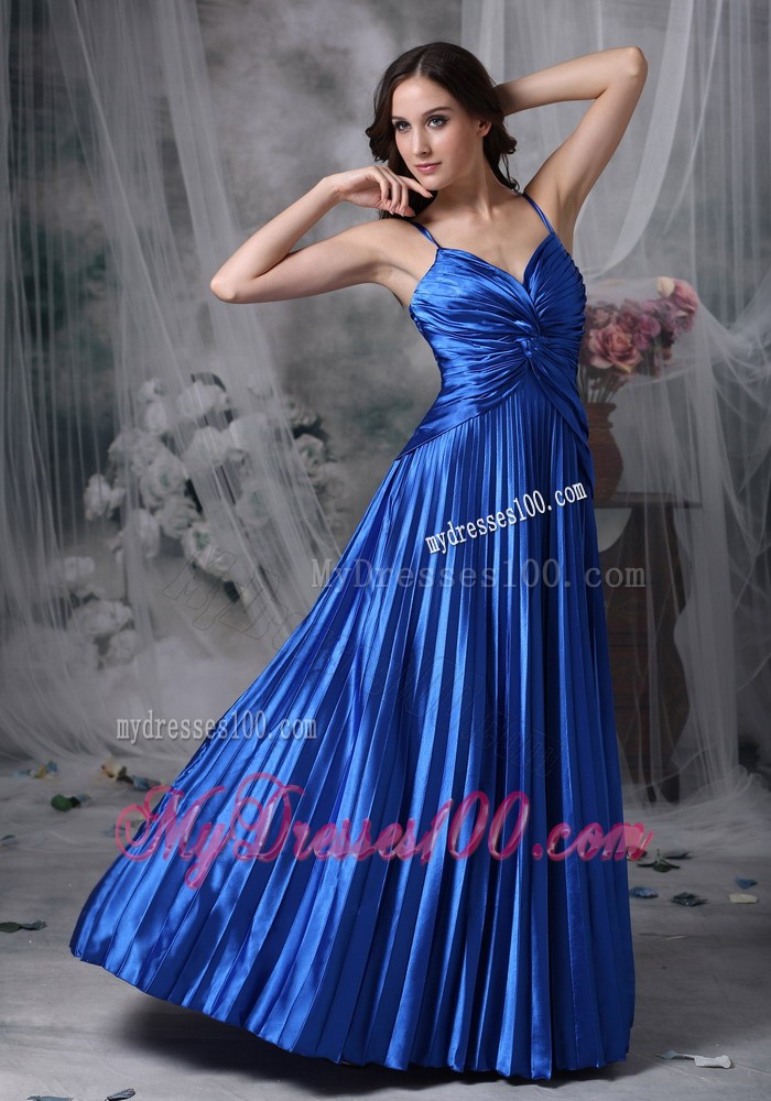 Custom Made Royal Blue Straps Floor-length Evening Dress with Ruche