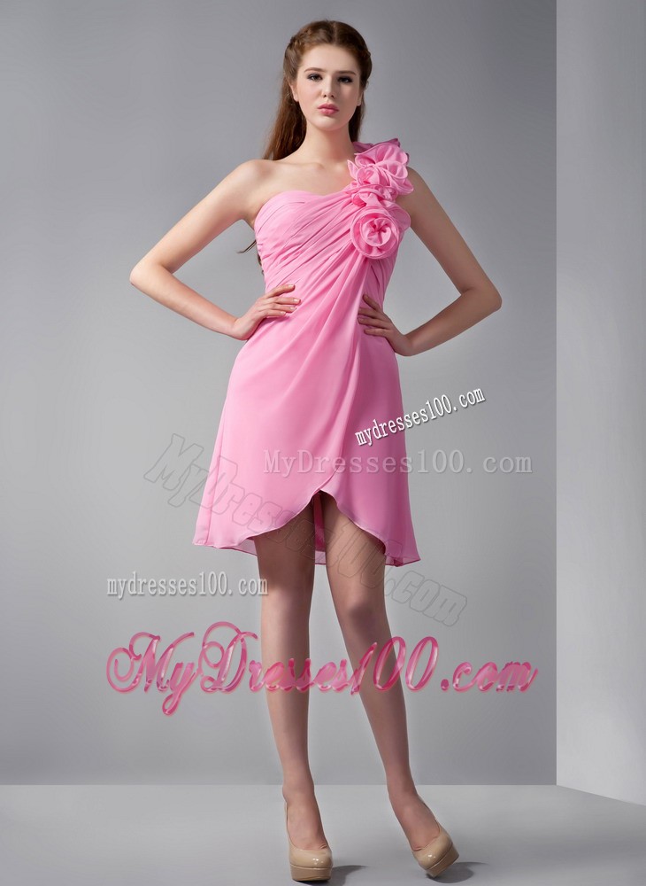 Pink Empire One Shoulder Short Hand Made Flowers Evening Dress