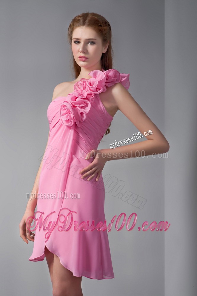 Pink Empire One Shoulder Short Hand Made Flowers Evening Dress