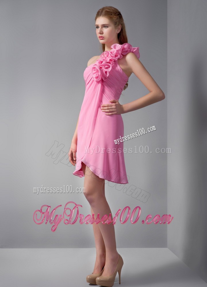 Pink Empire One Shoulder Short Hand Made Flowers Evening Dress