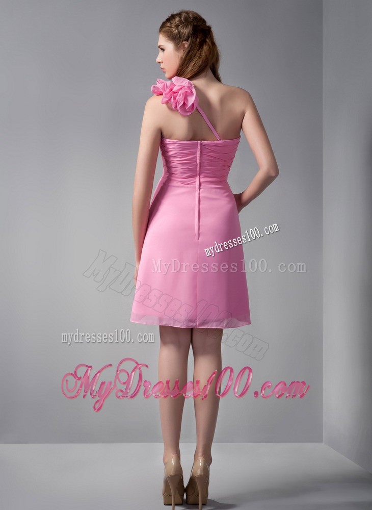 Pink Empire One Shoulder Short Hand Made Flowers Evening Dress
