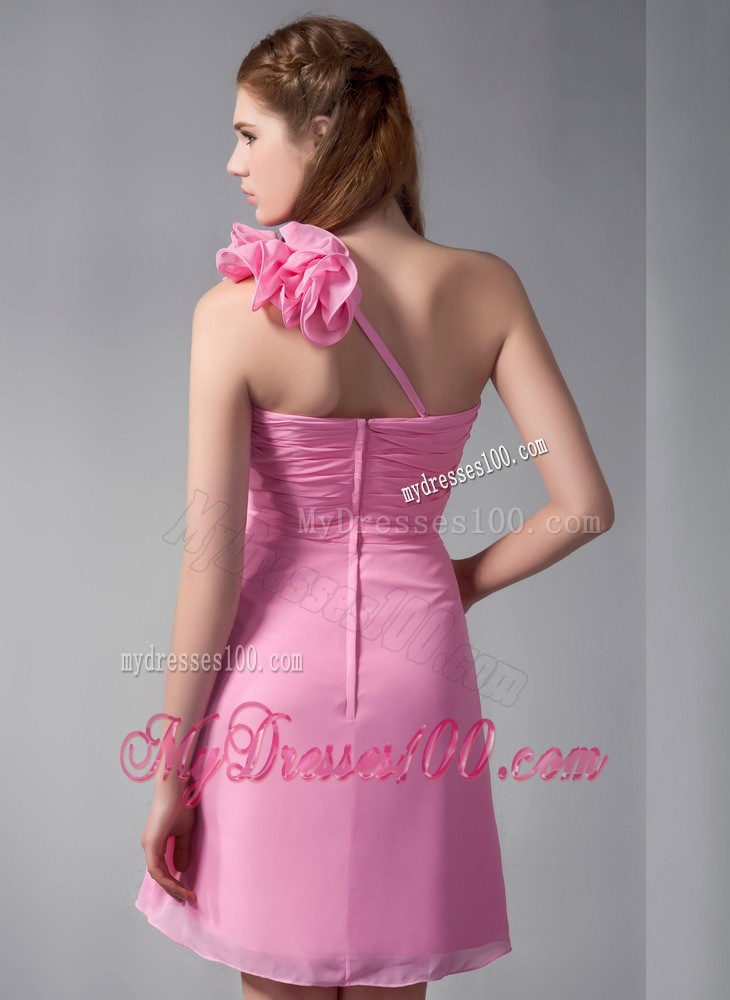 Pink Empire One Shoulder Short Hand Made Flowers Evening Dress