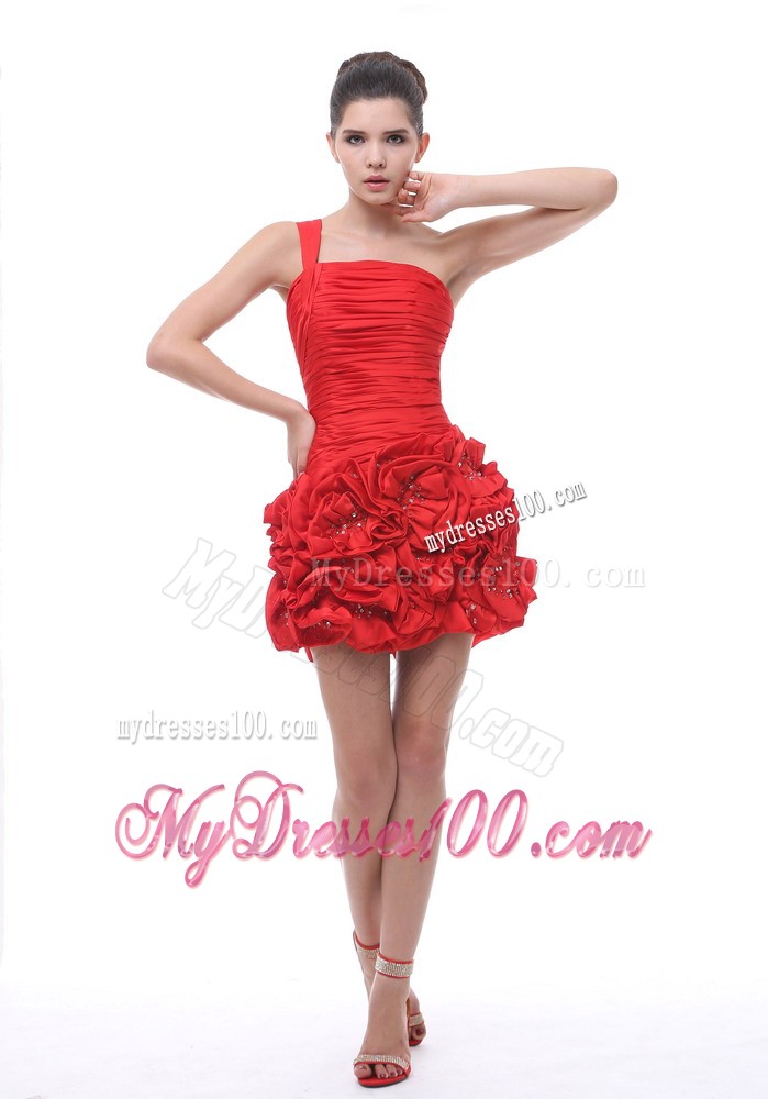 One Shoulder Hand Made Flowers Short Ruche Red Evening Dress
