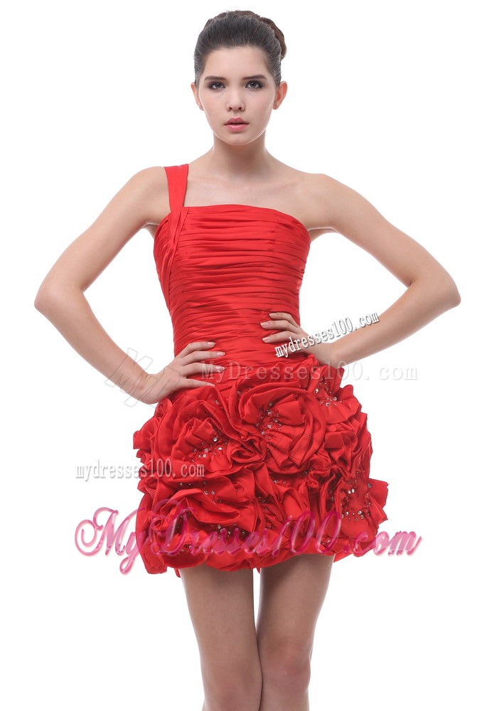 One Shoulder Hand Made Flowers Short Ruche Red Evening Dress