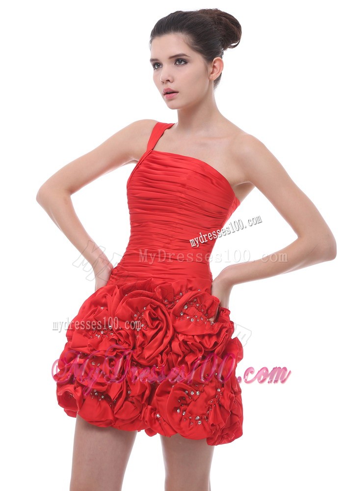 One Shoulder Hand Made Flowers Short Ruche Red Evening Dress