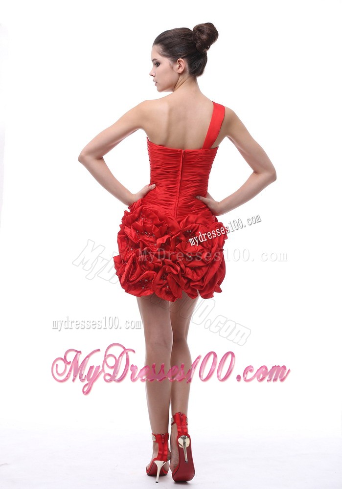 One Shoulder Hand Made Flowers Short Ruche Red Evening Dress
