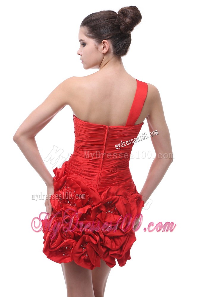 One Shoulder Hand Made Flowers Short Ruche Red Evening Dress