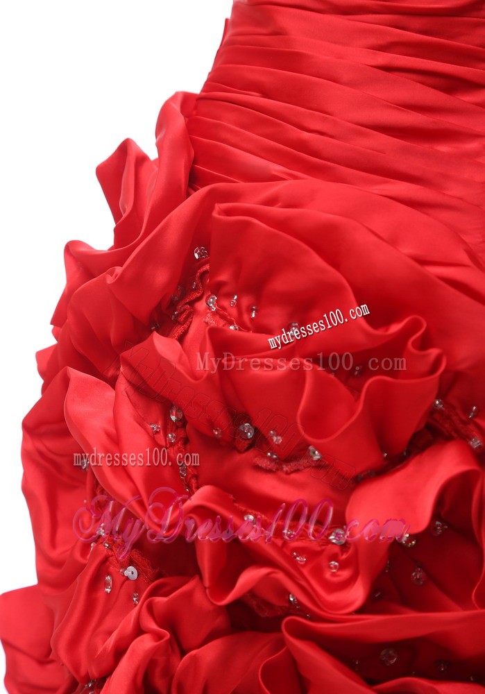 One Shoulder Hand Made Flowers Short Ruche Red Evening Dress