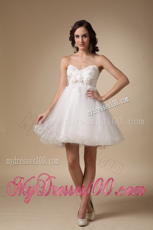 White Sweetheart Mini-length Hand Made Flowers Evening Dress