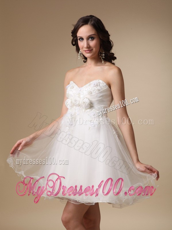 White Sweetheart Mini-length Hand Made Flowers Evening Dress