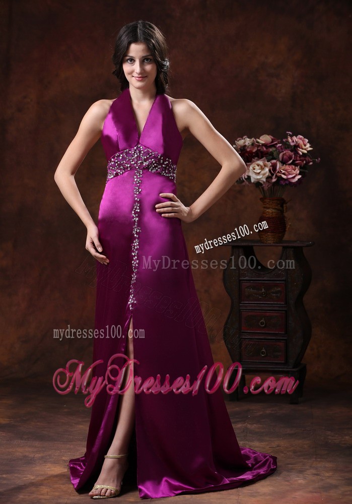 2013 New Style Fuchsia High Slit and Beaded Decorate Evening Dress