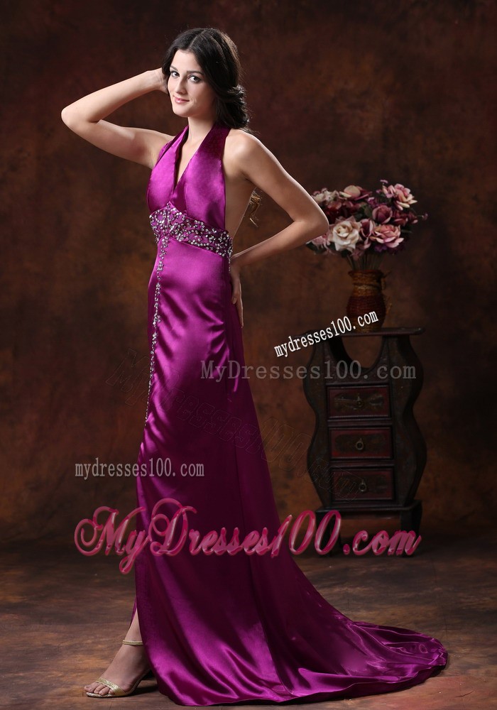 2013 New Style Fuchsia High Slit and Beaded Decorate Evening Dress