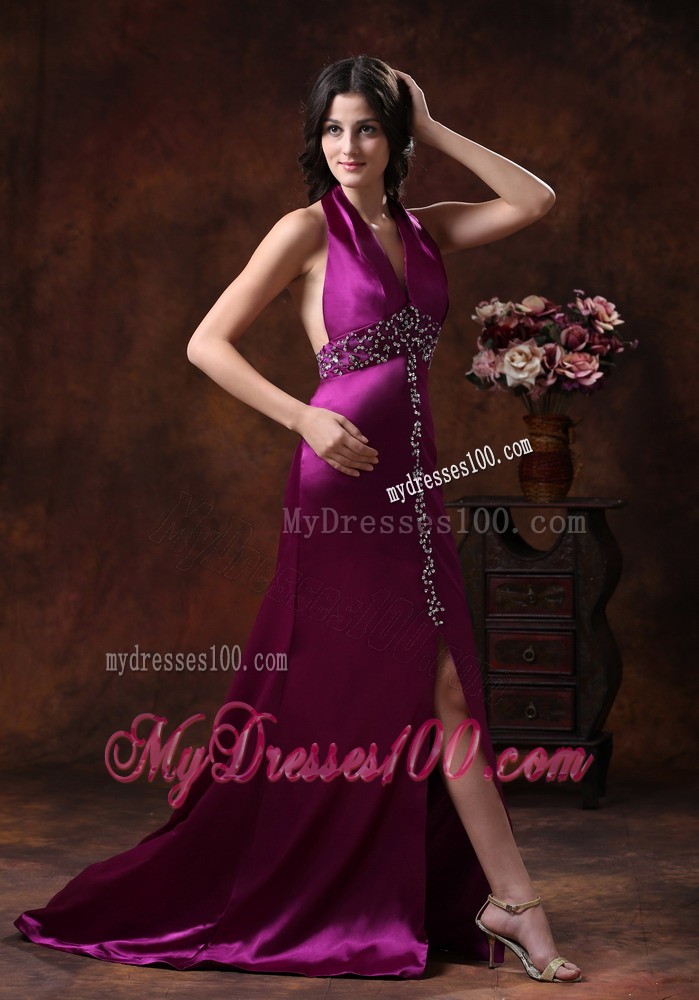 2013 New Style Fuchsia High Slit and Beaded Decorate Evening Dress