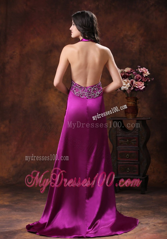 2013 New Style Fuchsia High Slit and Beaded Decorate Evening Dress