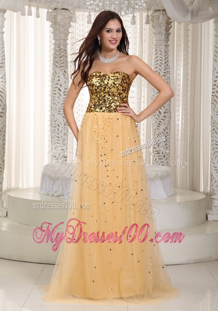 Gold Empire Sweetheart Brush Train Tulle Sequins Prom Dress