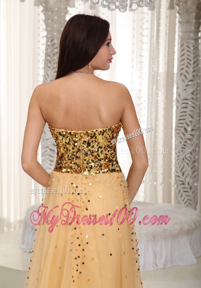 Gold Empire Sweetheart Brush Train Tulle Sequins Prom Dress