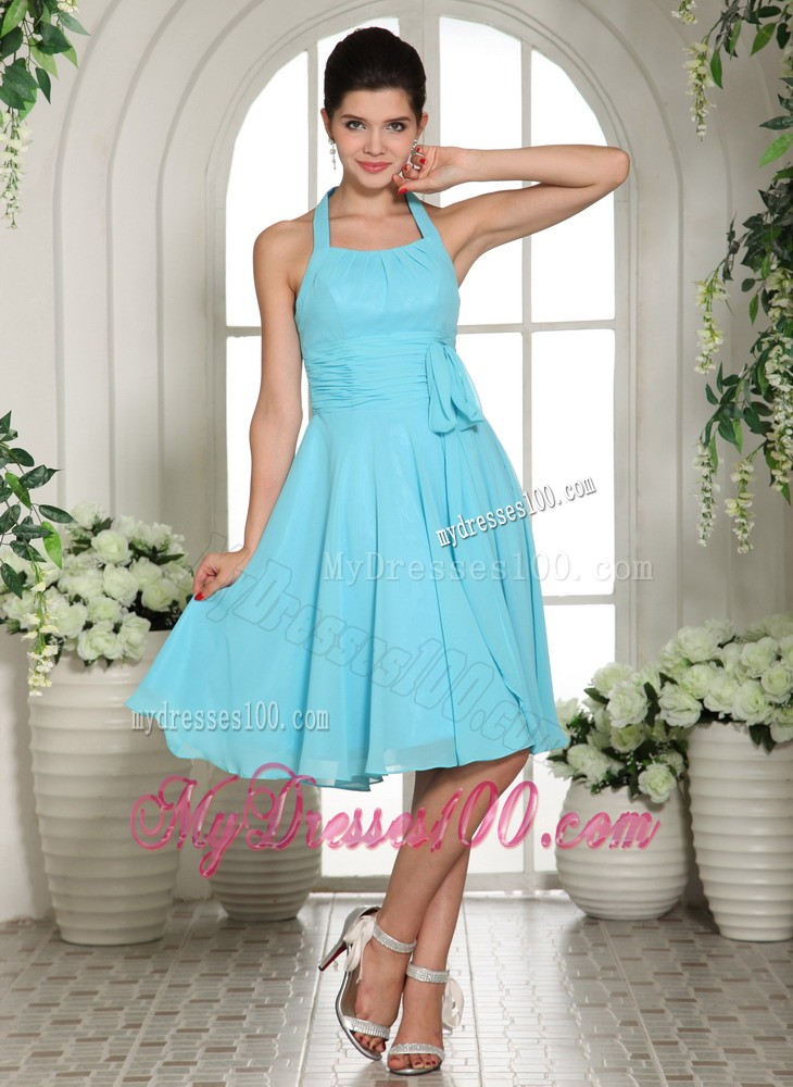 Cheap Aqua Blue Halter Knee-length Prom Evening Dress with Sash