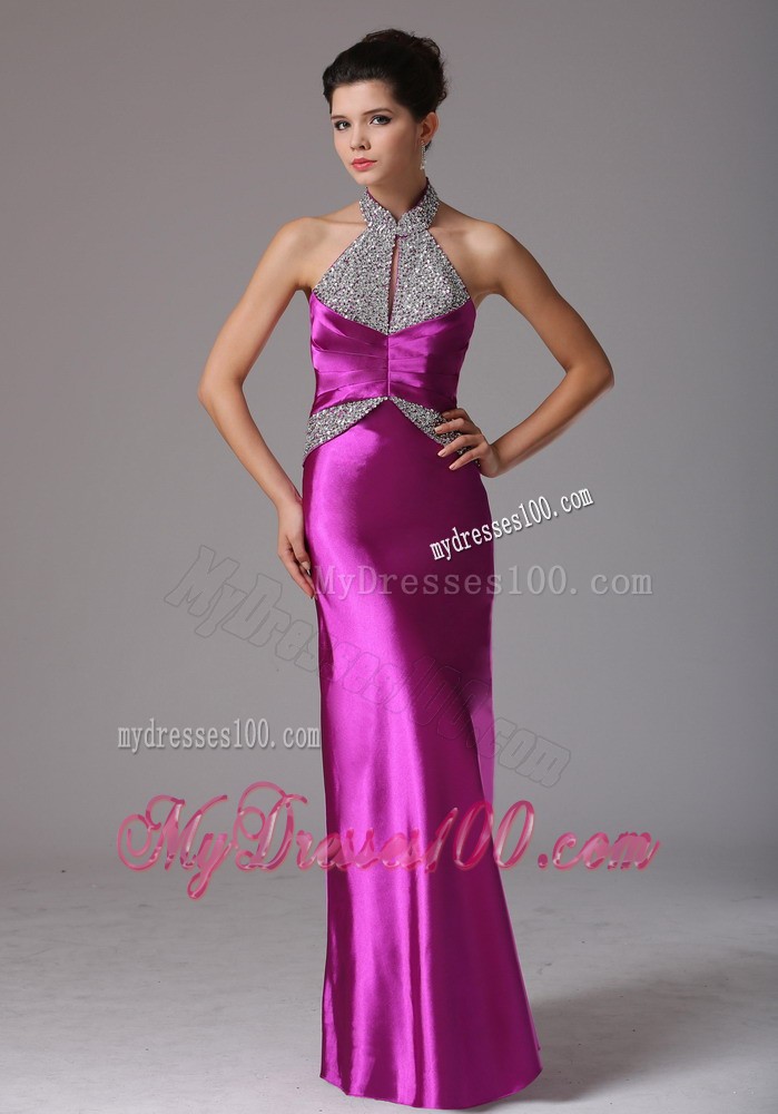 Fuchsia Halter Beaded Decorate Prom Celebrity Dress With Floor-length In Arkansas