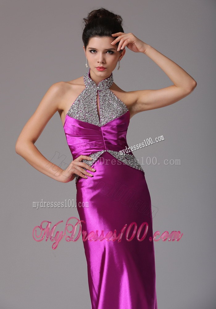 Fuchsia Halter Beaded Decorate Prom Celebrity Dress With Floor-length In Arkansas