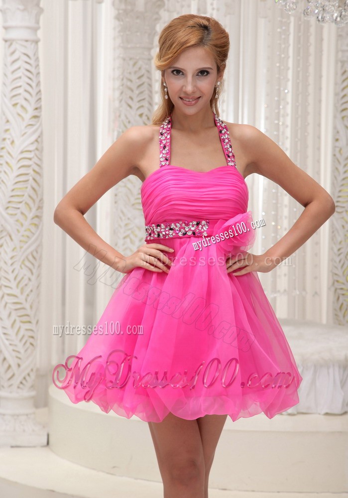 Beaded Decorate Halter Hand Made Flower Hot Pink Evening Dress