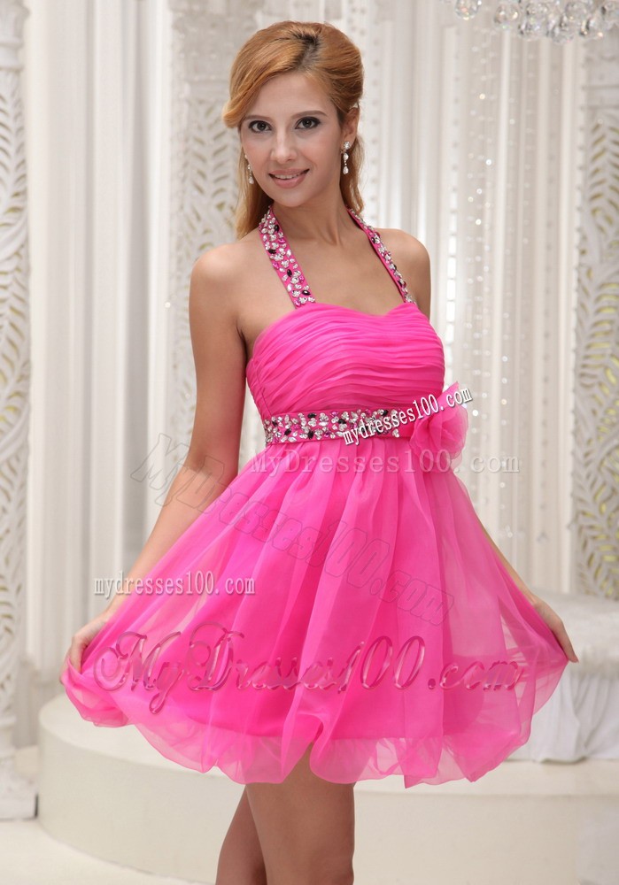 Beaded Decorate Halter Hand Made Flower Hot Pink Evening Dress