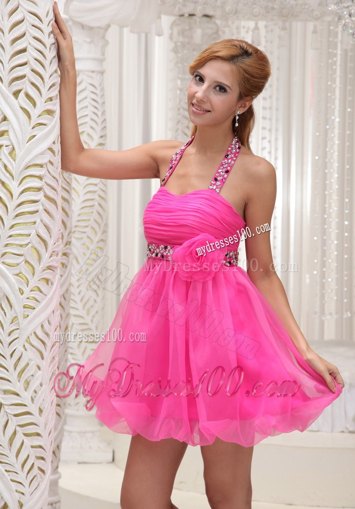 Beaded Decorate Halter Hand Made Flower Hot Pink Evening Dress