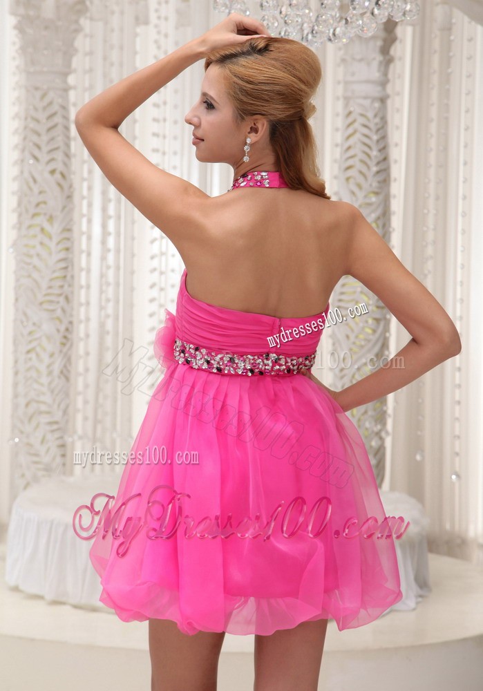 Beaded Decorate Halter Hand Made Flower Hot Pink Evening Dress