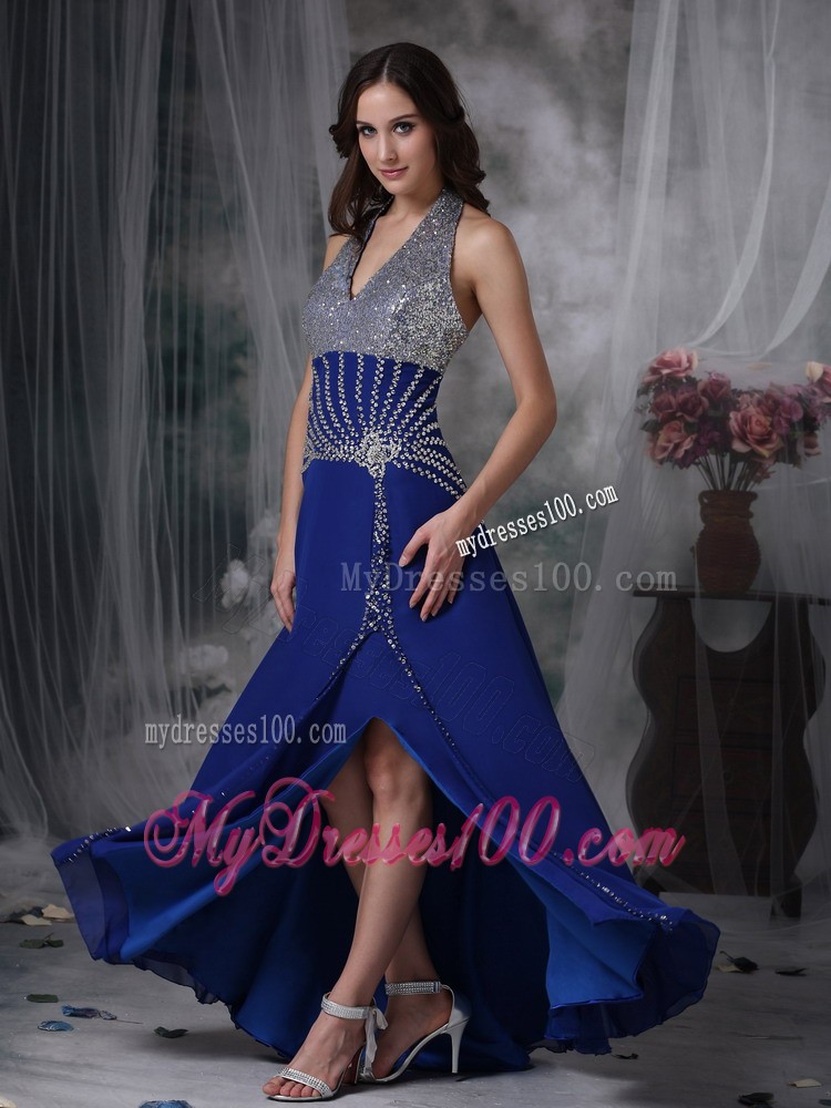 Customize Peacock Blue Column Halter Evening Dress with Beading