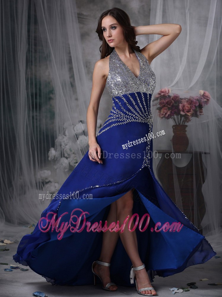 Customize Peacock Blue Column Halter Evening Dress with Beading