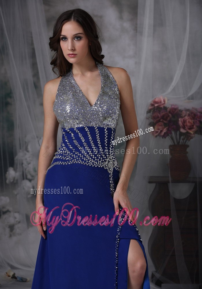Customize Peacock Blue Column Halter Evening Dress with Beading