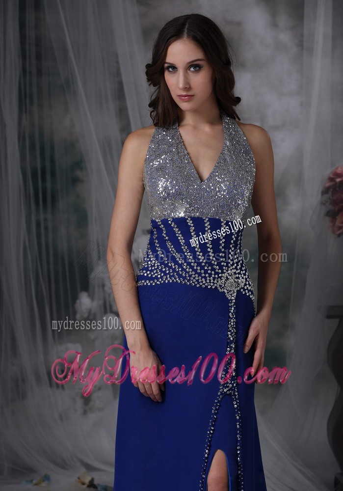 Customize Peacock Blue Column Halter Evening Dress with Beading