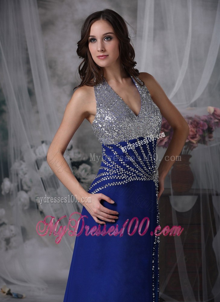 Customize Peacock Blue Column Halter Evening Dress with Beading