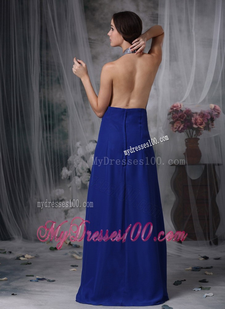 Customize Peacock Blue Column Halter Evening Dress with Beading