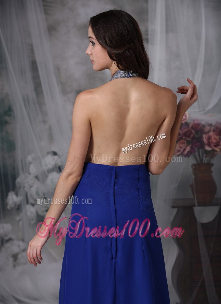 Customize Peacock Blue Column Halter Evening Dress with Beading