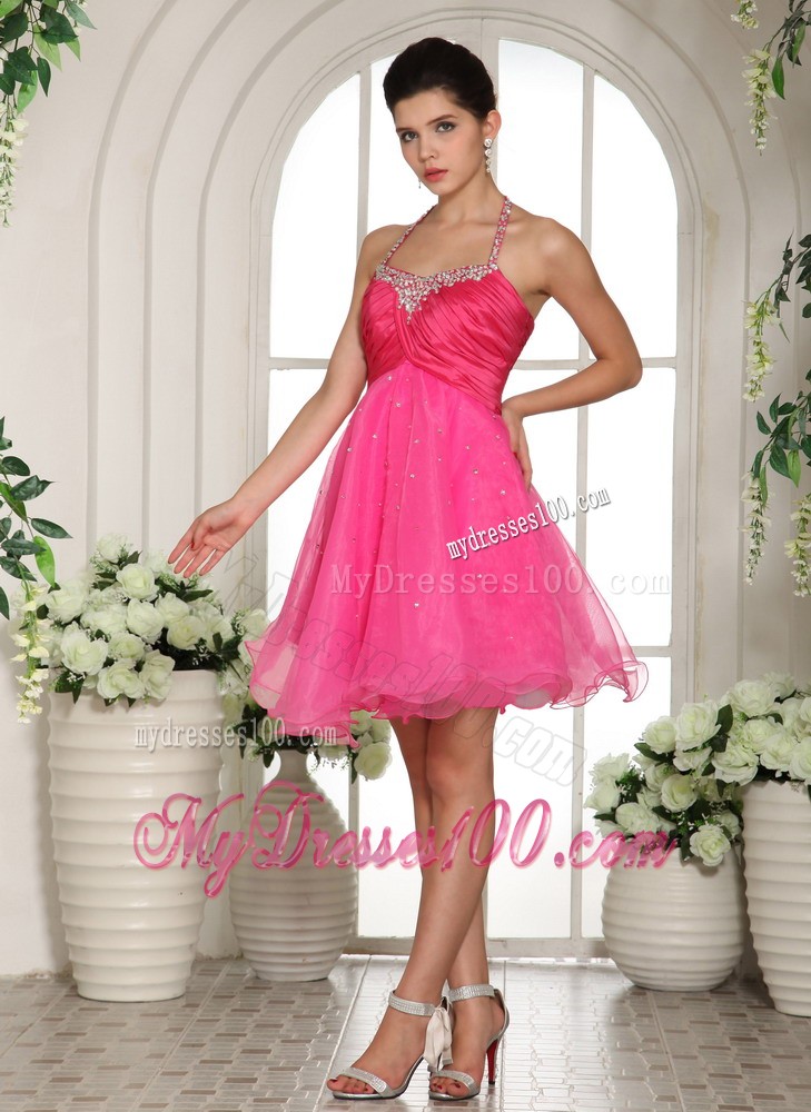 Hot Pink Beaded Spaghetti Straps Halter Knee-length Evening Dress