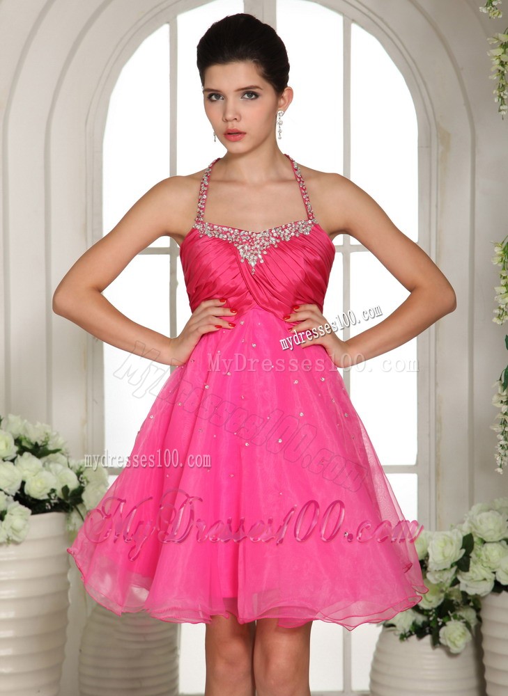 Hot Pink Beaded Spaghetti Straps Halter Knee-length Evening Dress