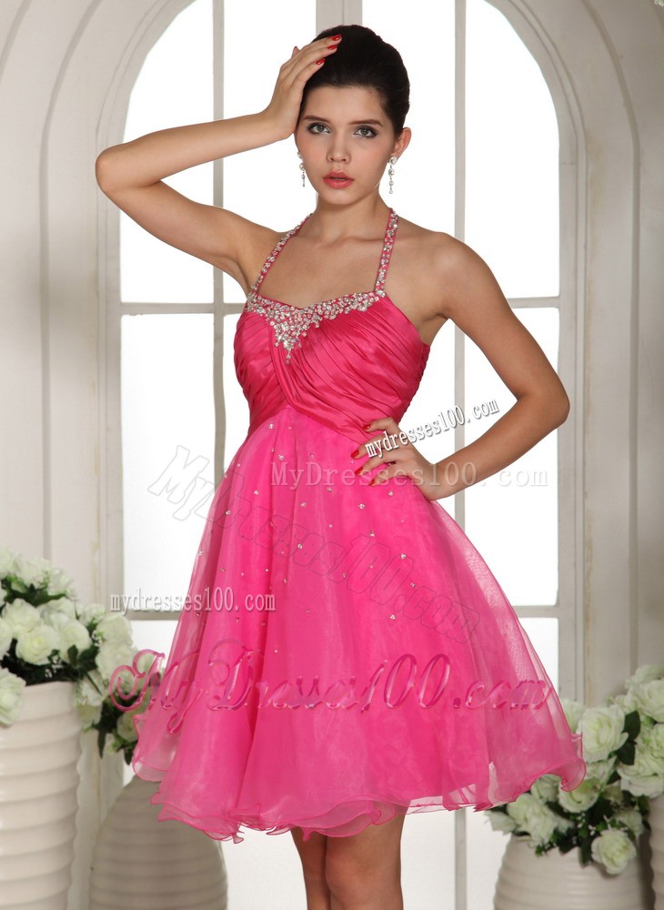 Hot Pink Beaded Spaghetti Straps Halter Knee-length Evening Dress