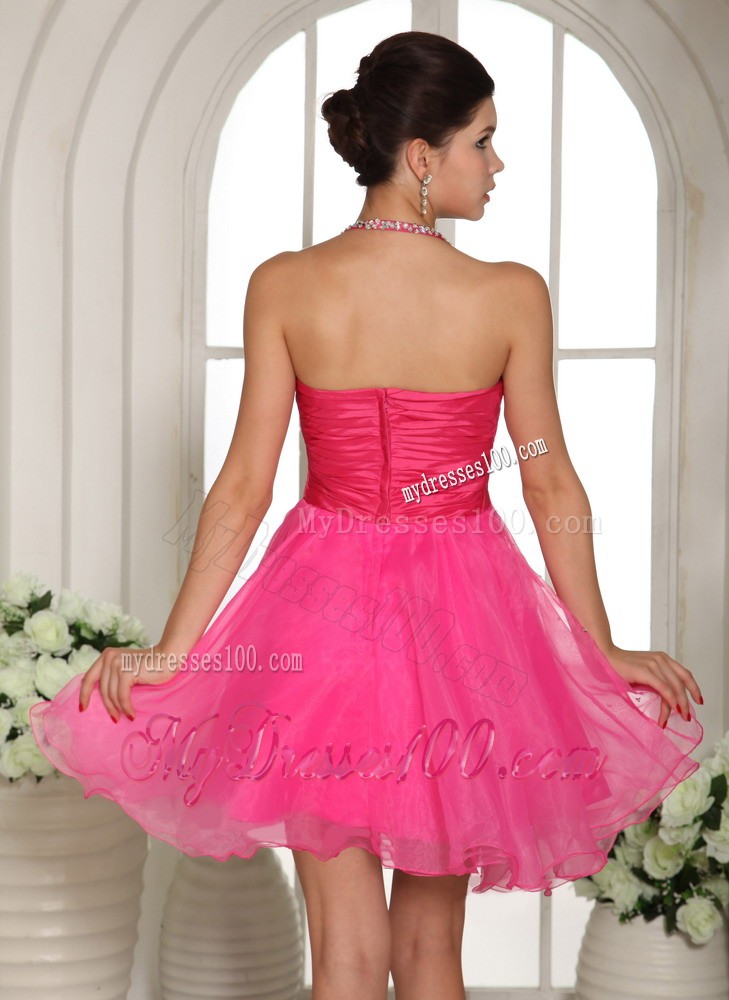 Hot Pink Beaded Spaghetti Straps Halter Knee-length Evening Dress
