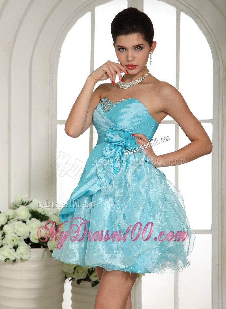 Beaded and Hand Made Flowers Aqua Blue Mini-length Prom Dress