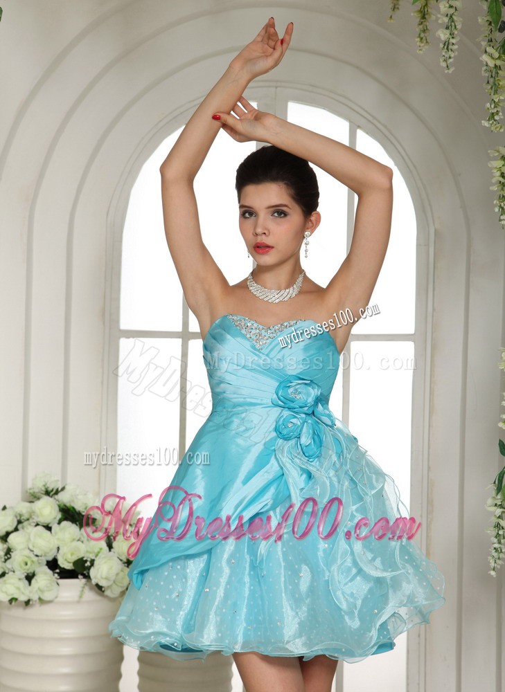 Beaded and Hand Made Flowers Aqua Blue Mini-length Prom Dress