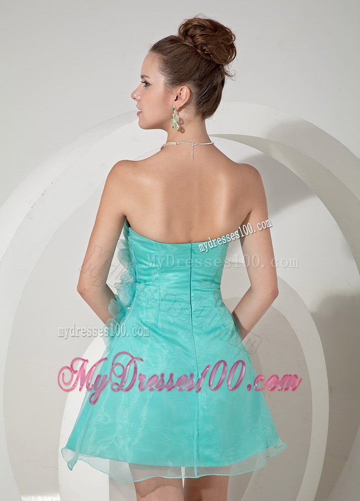 Apple Green Strapless Mini-length Hand Made Flowers Evening Dress