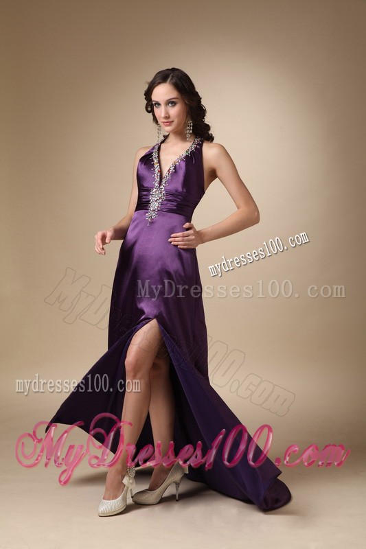 Eggplant Purple Column V-neck Brush Train Beading Evening Dress