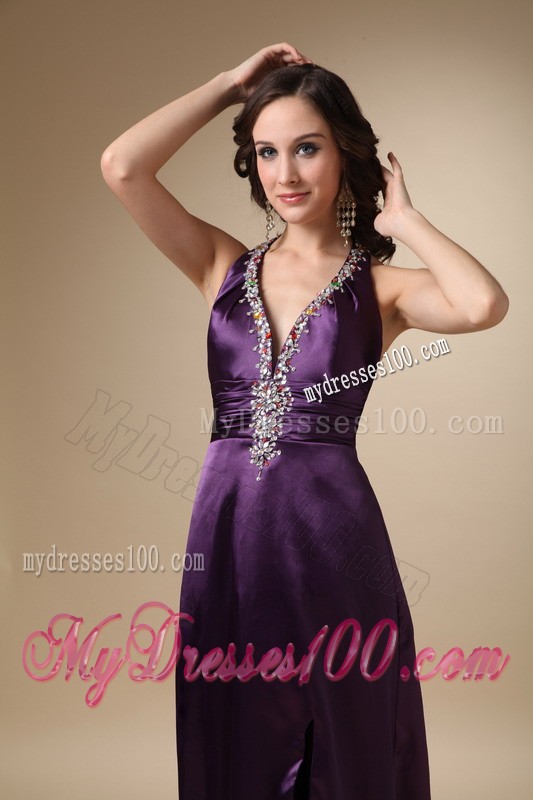 Eggplant Purple Column V-neck Brush Train Beading Evening Dress
