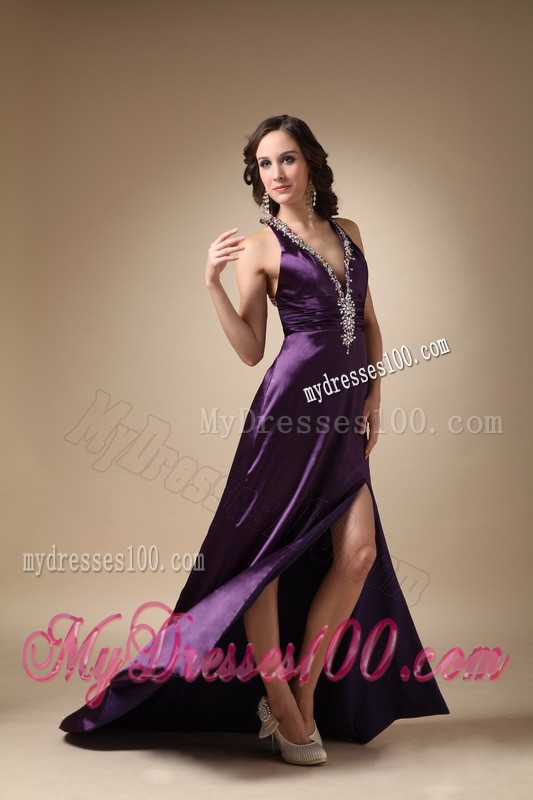 Eggplant Purple Column V-neck Brush Train Beading Evening Dress