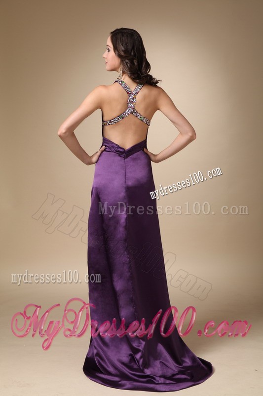 Eggplant Puprle Column V-neck Brush Train Taffeta Beading Prom / Evening Dress