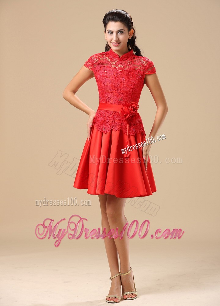 High-neck Red Mother Of The Bride Dress With Sash Lace and Taffeta In Juneau